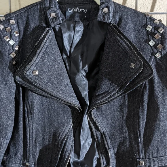 Chou Yatou black/gray denim moto jacket in Medium. - Picture 4 of 11